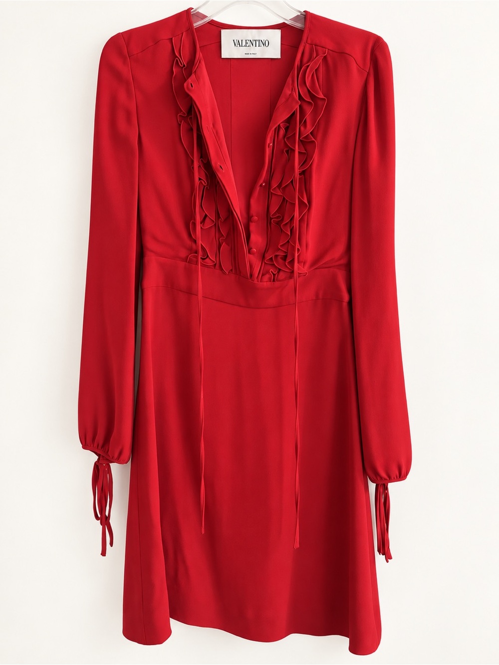 Valentino Red Ruffle-Front Long-Sleeve Dress – Size 8 Runs Small
